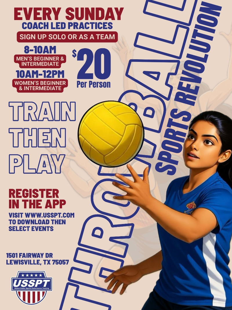 Promotional flyer for throwball practice sessions with a girl holding a throwball.