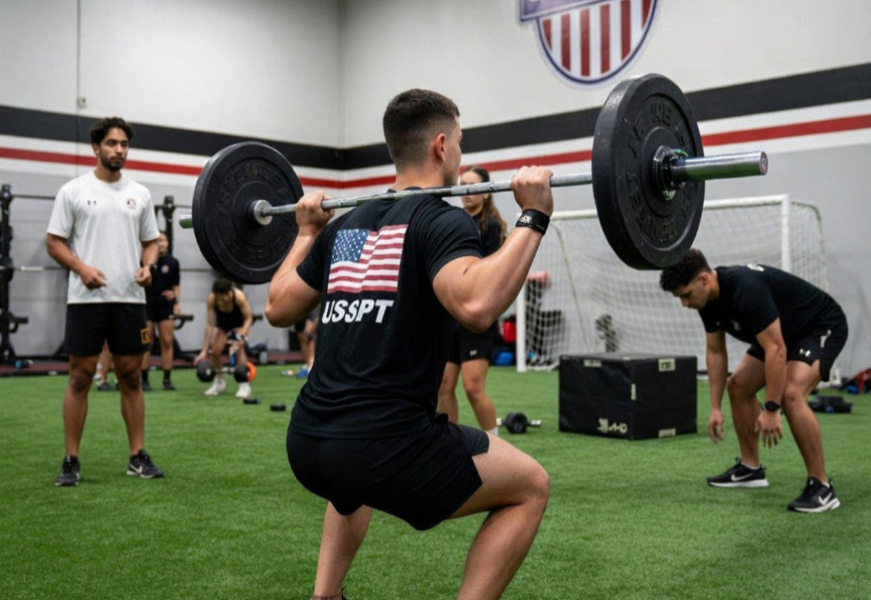 Person lifting a barbell in a gym setting with others around
